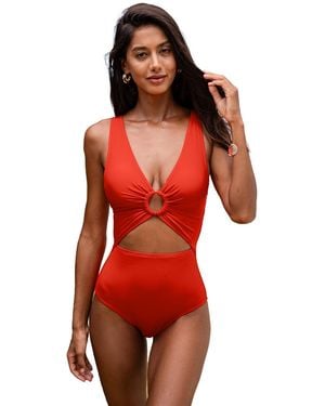 CUPSHE V Neck Ring Cutout One Piece Swimsuit - Red