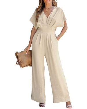 CUPSHE V-neck Short Sleeve Straight Leg Jumpsuit - Natural