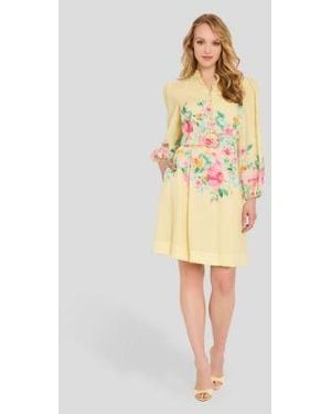 Tahari Border Print Button Front Collared Dress - Yellow