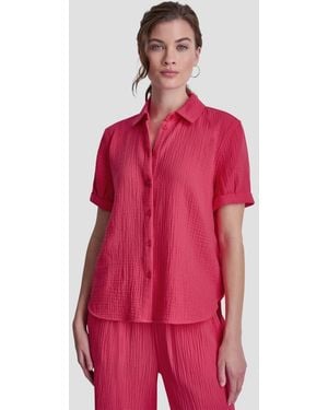 DKNY Petite Cuffed Short-sleeve Shirt - Red