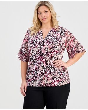 Anne Klein Essentials Plus Size Split-neck Printed Flutter-sleeve Top - Red