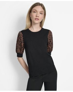 DKNY Mixed-media Printed-sleeve Top - Black