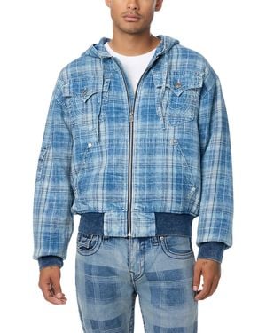 TRUE RELIGION Hooded Plaid Bomber Jacket - Blue