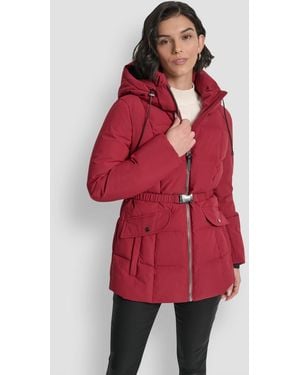 DKNY Belted Hooded Puffer Coat - Red