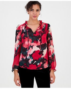 BarIII Ruffle Tie Neck Long-sleeve V-neck Blouse - Red