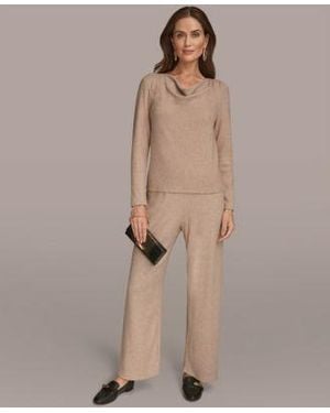 Donna Karan Lurex Rib Cowl Neck Long Sleeve Top Wide Leg Pull On Pants - Brown
