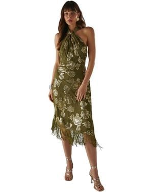 Warehouse Metallic Chiffon Wrap Front Midi Dress - Green