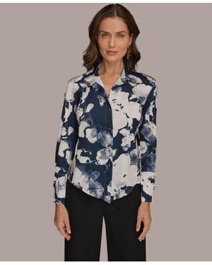 Donna Karan Petite Collared Neck Long-sleeve Shirt - Blue