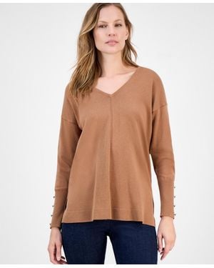 Anne Klein Button-cuff V-neck Top - Blue