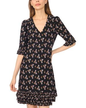 Cece Ruffle-hem V-neck 3/4-sleeve Dress - Black