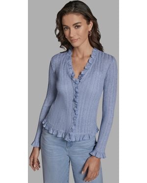 BCBGMAXAZRIA V-neck Ruffle Hem Cardigan Sweater - Blue