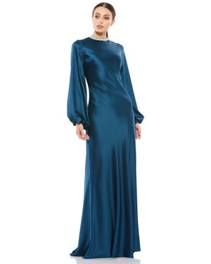 Mac Duggal Petite Beaded High Neck Bishop Sleeve Satin Gown - Blue