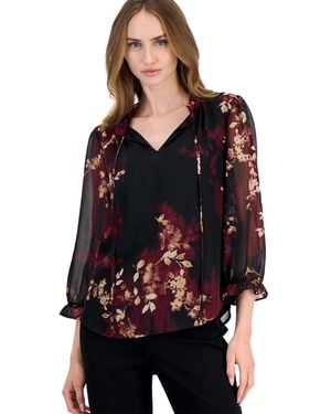 Anne Klein Ruffle Neck Tie Front Floral Blouse - Black