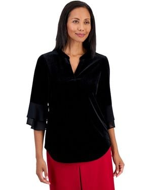 Kasper 3/4-flutter Split-neck Velvet Blouse - Black