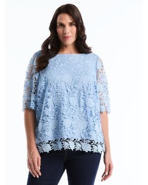 Rafaella Plus Size Scalloped Elbow-sleeve Jewel Neck Lace Top - Blue