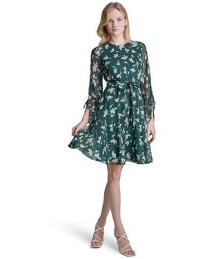 DKNY Long-sleeve A-line Floral-print Dress - Blue