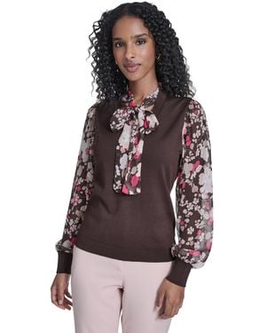 Tommy Hilfiger Mixed Media Tie Neck Sweater - Purple