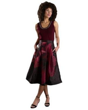 Muse Asymmetrical Pleated V Neck Top Pleated Organza Midi Skirt - Red