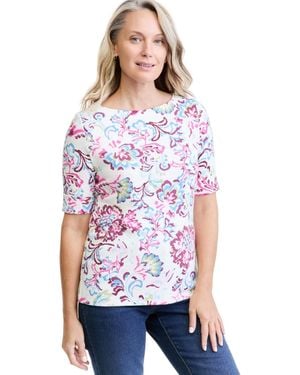Style & Co. Printed Elbow Sleeve Boatneck Top - White
