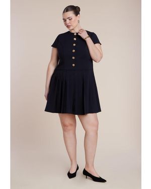 Eloquii Button Detail Pleated Mini Dress - Blue