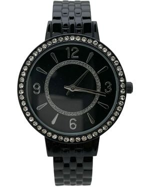 Olivia Pratt Round Face Rhinestone Bezel Textured Bangle Watch - Black
