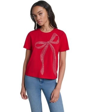 KARL LAGERFELD Crystal Bow Rhinestone Short-sleeve Top - Red