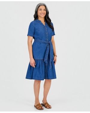 Style & Co. Petite Denim Tiered Midi Dress - Blue