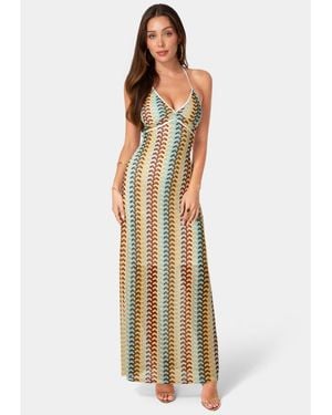 Bebe Crochet Stripe Halter A-line Maxi Dress - Metallic