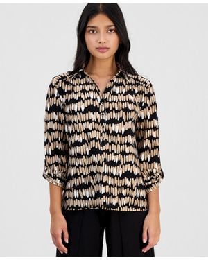 Anne Klein Essentials Petite Printed Collared 3/4-sleeve Top - Black
