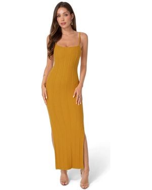 Bebe Ribbed Knit Square Neck Bodycon Side-slit Maxi Dress - Metallic