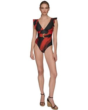 Donna Karan Belted Flutter-sleeve One-piece Swimsuit - Red