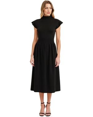 Modenaire Scallop Edge Mock Neck Sleeveless Knit Midi Dress - Black