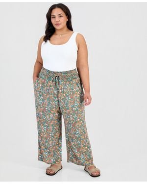 Kingston Grey Trendy Plus Printed Smocked-waist Wide-leg Pants - Gray