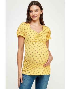 Hello Miss Maternity Ribbed Floral Ruched Front Puff Sleeve Top - Yellow