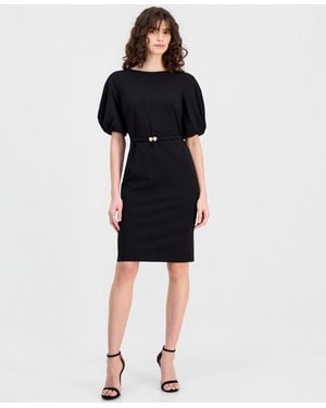 Anne Klein Belted Puff-sleeve Sheath Dress - Black