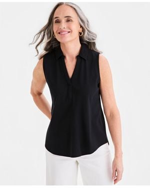 Style & Co. Cotton Johnny-collar Sleeveless Top - Black