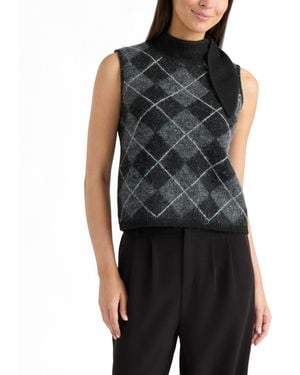 Ellen Tracy Argyle Sleeveless Mock Neck Sweater Top - Black