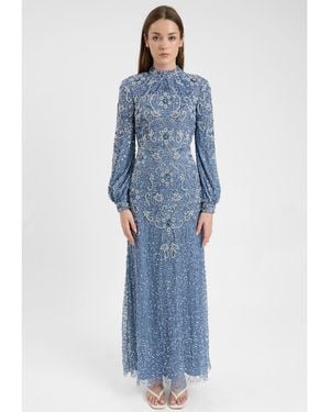 MARYISA Modest Embellished Sequin Beaded Dress Maxi With Cuff Sleeves - Blue