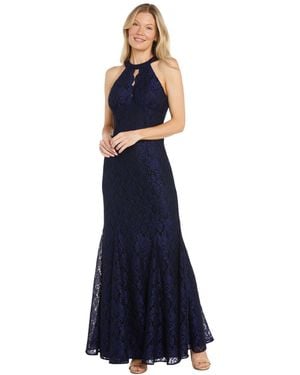 R & M Richards Glitter Lace Halter Gown - Blue