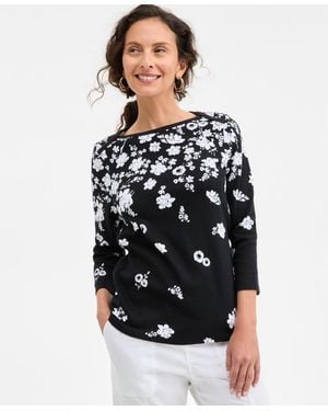 Style & Co. Printed Pima Cotton Boat-neck 3/4-sleeve Top - Black
