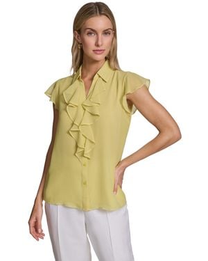Calvin Klein Ruffle-front Collared Neck Top - Green