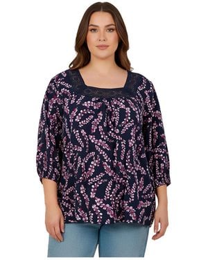 Avenue Plus Size Lace Neckline Peasant Blouse - Blue