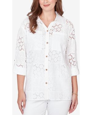 Ruby Rd. Petite Patchwork Eyelet Roll-tab-sleeve Top - White