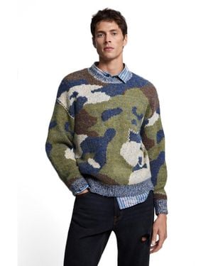 Desigual Camouflage Jacquard Print Crewneck Long-sleeve Sweater - Blue