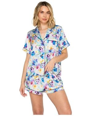 Badgley Mischka Silky Satin Piped Short Pajama Set - Blue