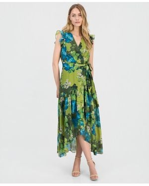 Anne Klein Floral-print Chiffon Tie-waist Midi Dress - Green