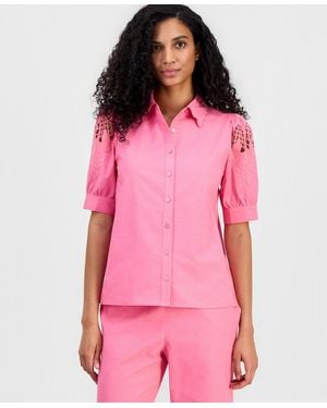 Tahari Embroidered Puffed-sleeve Blouse - Pink