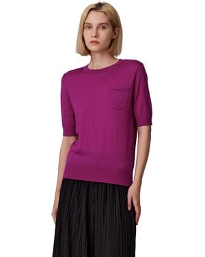 Jennie Liu Tissue Weight 75% Merino Wool 25% Silk Crew Neck Short Sleeve T Shirt Sweater | Ultra Soft Machine-washable Sweaters - Purple