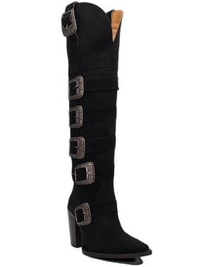 Dingo Bucked Off Knee-high Pointed-toe Multi-buckle Boots - Black