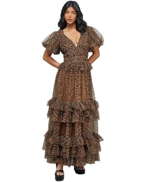 Warehouse Zebra Print Tulle Ruffle Maxi Dress - Brown